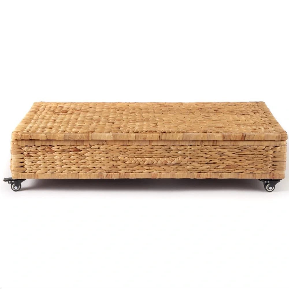 Organic Modern Storage Ottoman Coffee Table Woven Hyacinth Basket on Wheels NEW